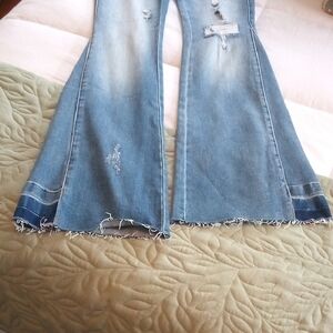 KanCan Blue Flare Wide Leg Jeans with Distressed Hem